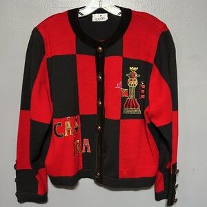 Bode Vintage Wool Blend Checkered Chess Button Front Cardigan Red Black Large
